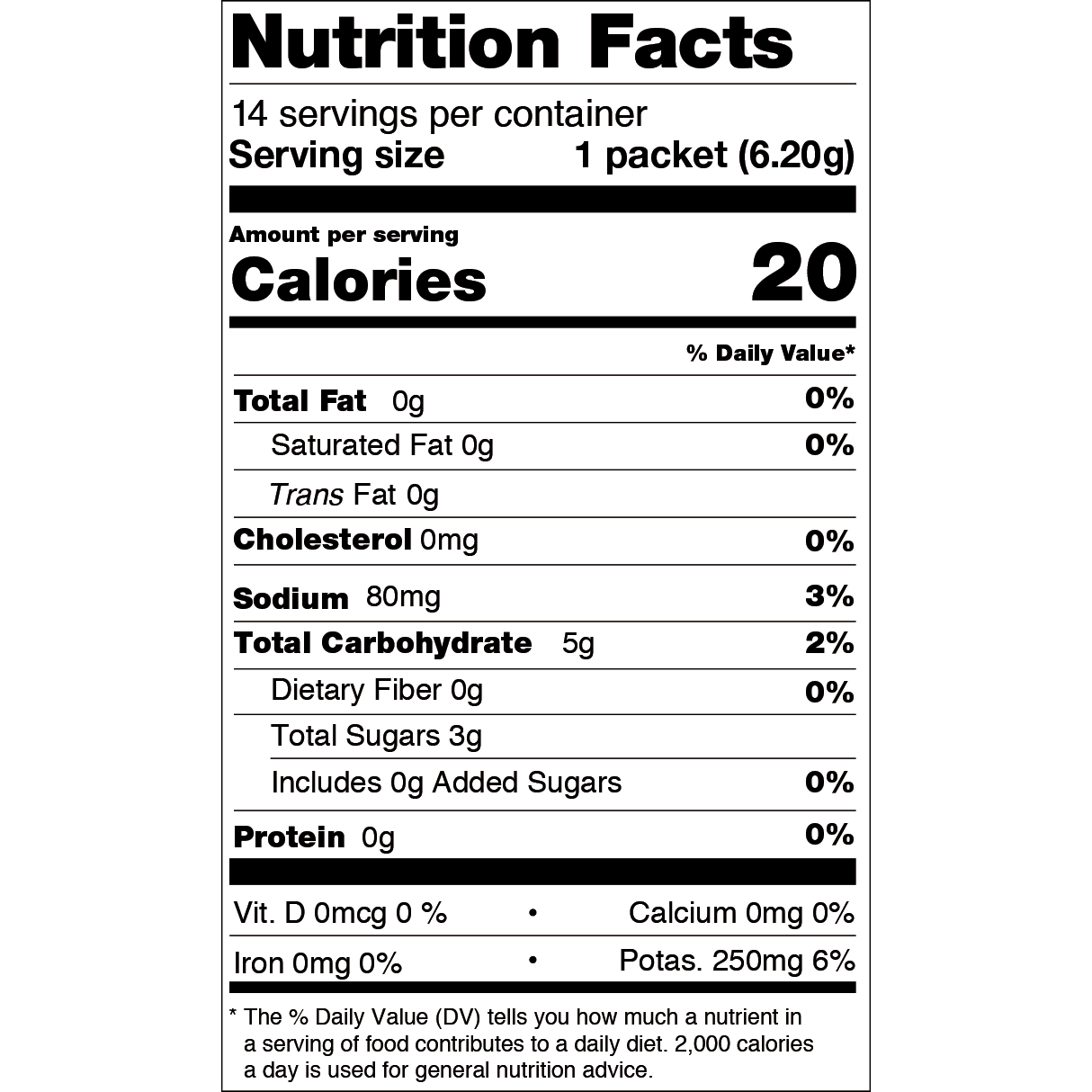 Nutrition facts for a peach black tea electrolyte mix.